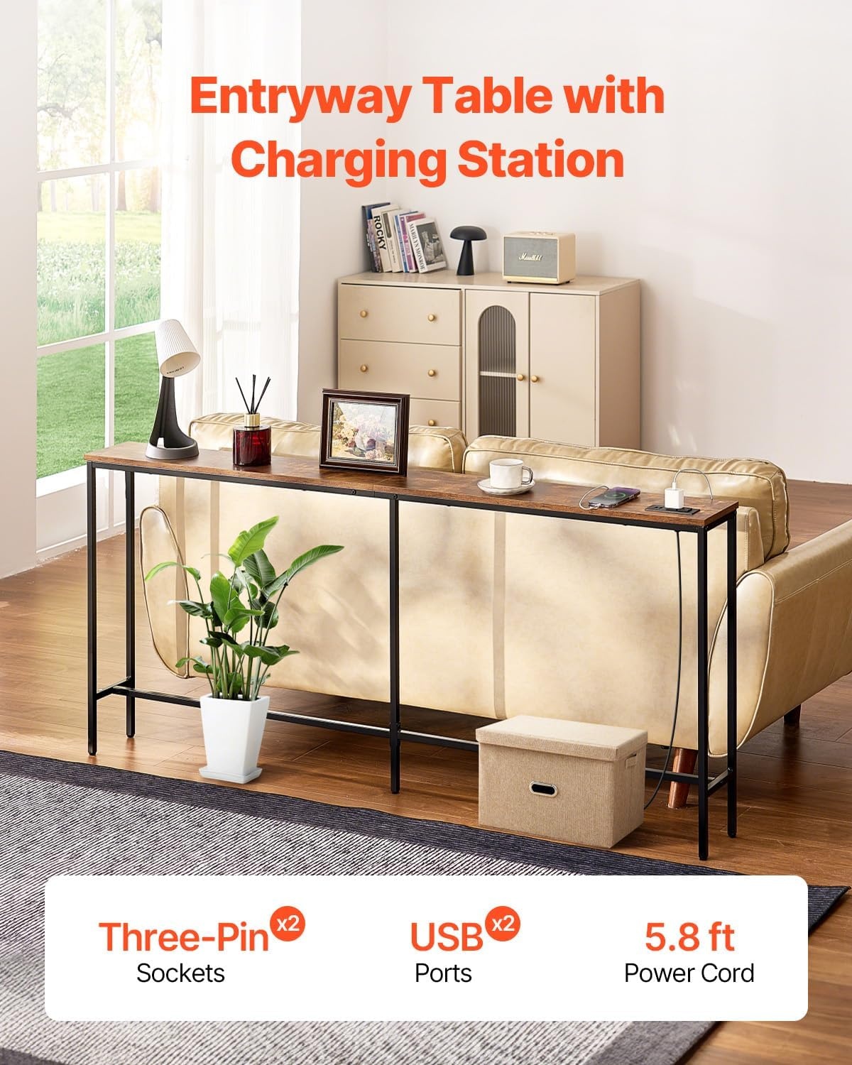image:imageVEVOR Narrow Console Table 709 Behind Couch Shelf with Power Outlets 1Tier Long Entryway Shelf Narrow Sofa Table with Metal Frame and Charge Station for Entryway Hallway Living Room