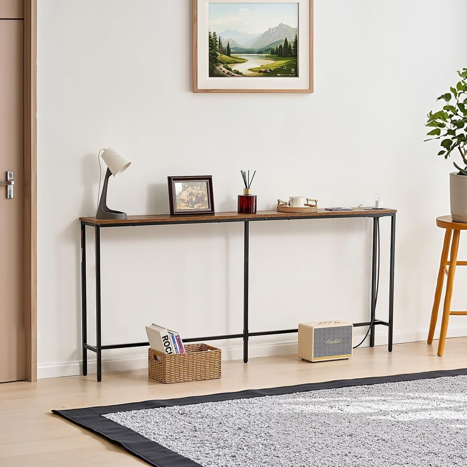 image:imageVEVOR Narrow Console Table 709 Behind Couch Shelf with Power Outlets 1Tier Long Entryway Shelf Narrow Sofa Table with Metal Frame and Charge Station for Entryway Hallway Living Room