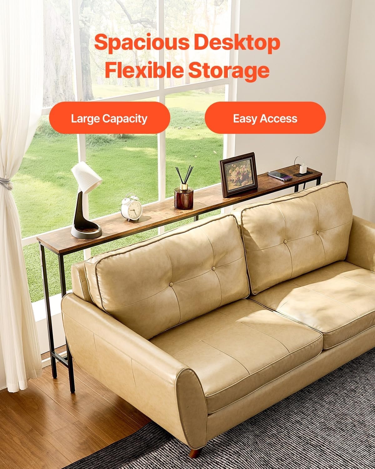 image:imageVEVOR Narrow Console Table 709 Behind Couch Shelf with Power Outlets 1Tier Long Entryway Shelf Narrow Sofa Table with Metal Frame and Charge Station for Entryway Hallway Living Room