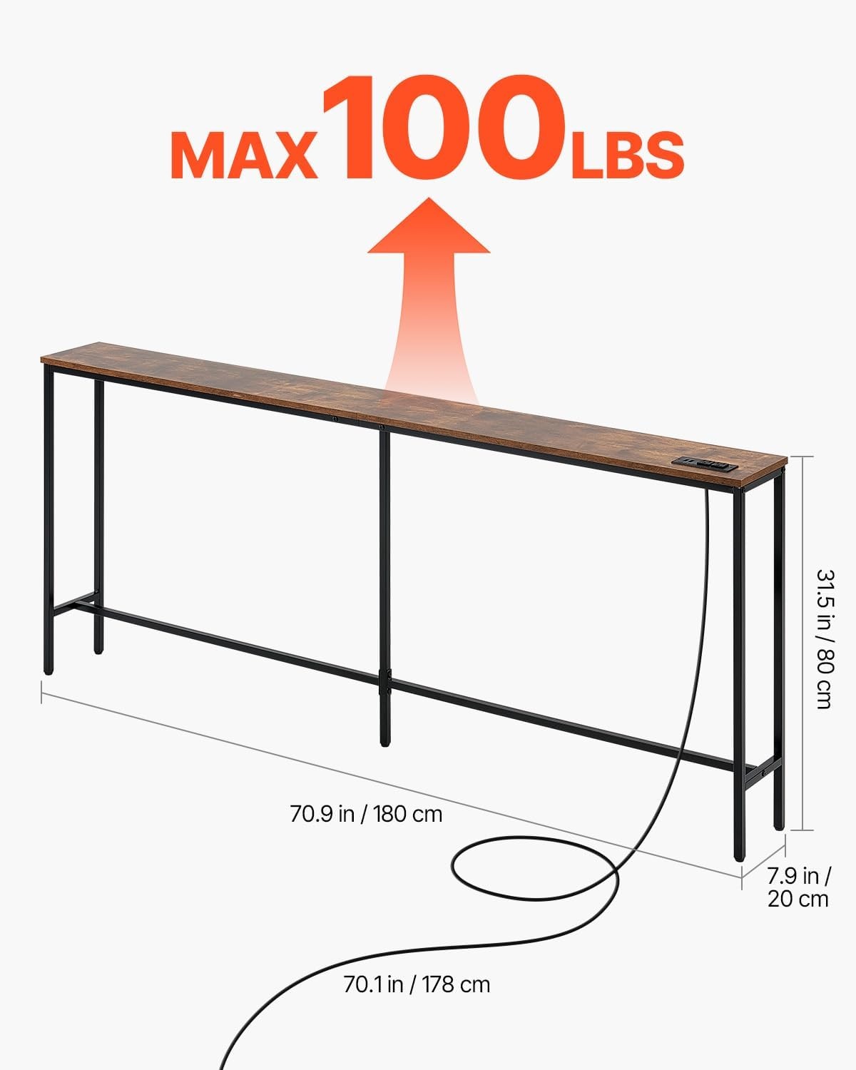 image:imageVEVOR Narrow Console Table 709 Behind Couch Shelf with Power Outlets 1Tier Long Entryway Shelf Narrow Sofa Table with Metal Frame and Charge Station for Entryway Hallway Living Room