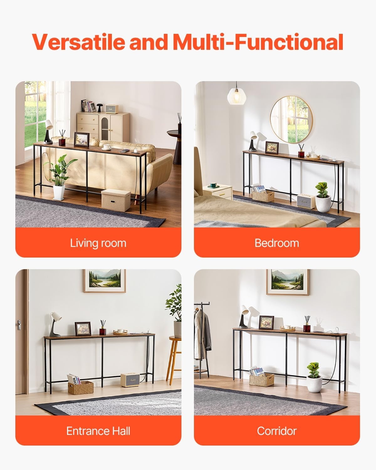 image:imageVEVOR Narrow Console Table 709 Behind Couch Shelf with Power Outlets 1Tier Long Entryway Shelf Narrow Sofa Table with Metal Frame and Charge Station for Entryway Hallway Living Room