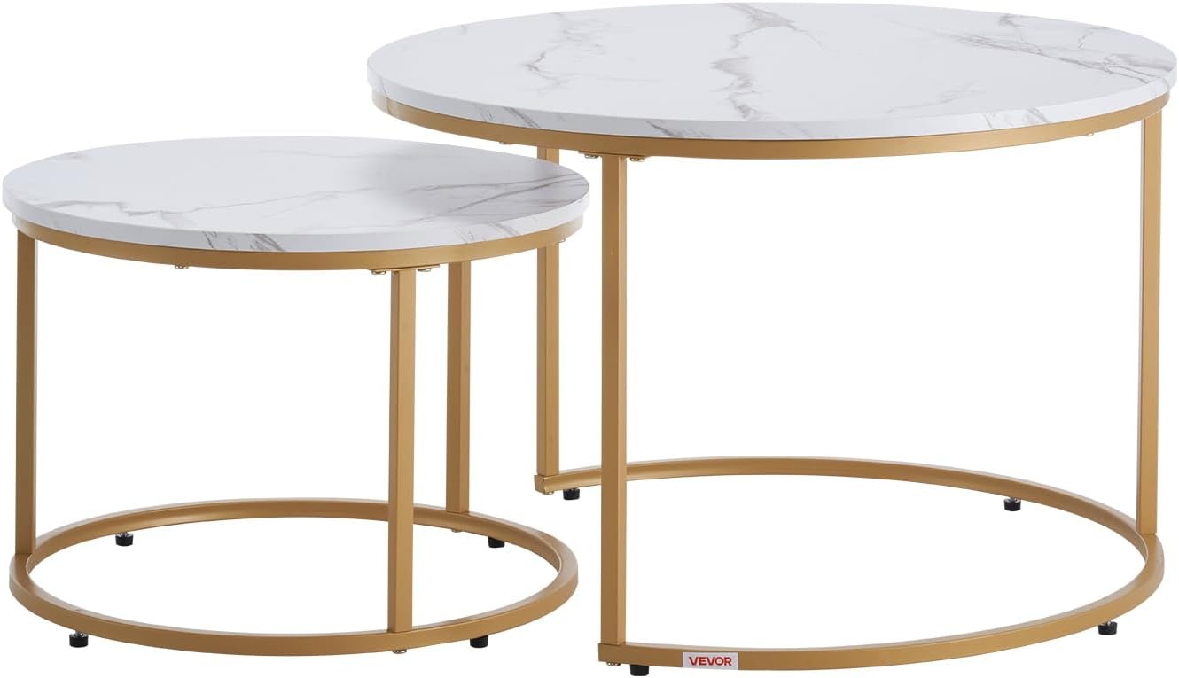 image:imageVEVOR Nesting Coffee Table Set of 2 276 in Round Coffee Table Nesting Tables for Small Place Vintage End Side Tables Night Stand with Metal Frame for Living Room Bedroom Office White amp GoldWhite