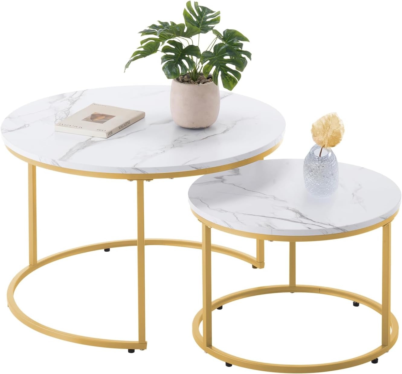 image:imageVEVOR Nesting Coffee Table Set of 2 276 in Round Coffee Table Nesting Tables for Small Place Vintage End Side Tables Night Stand with Metal Frame for Living Room Bedroom Office White amp GoldWhite