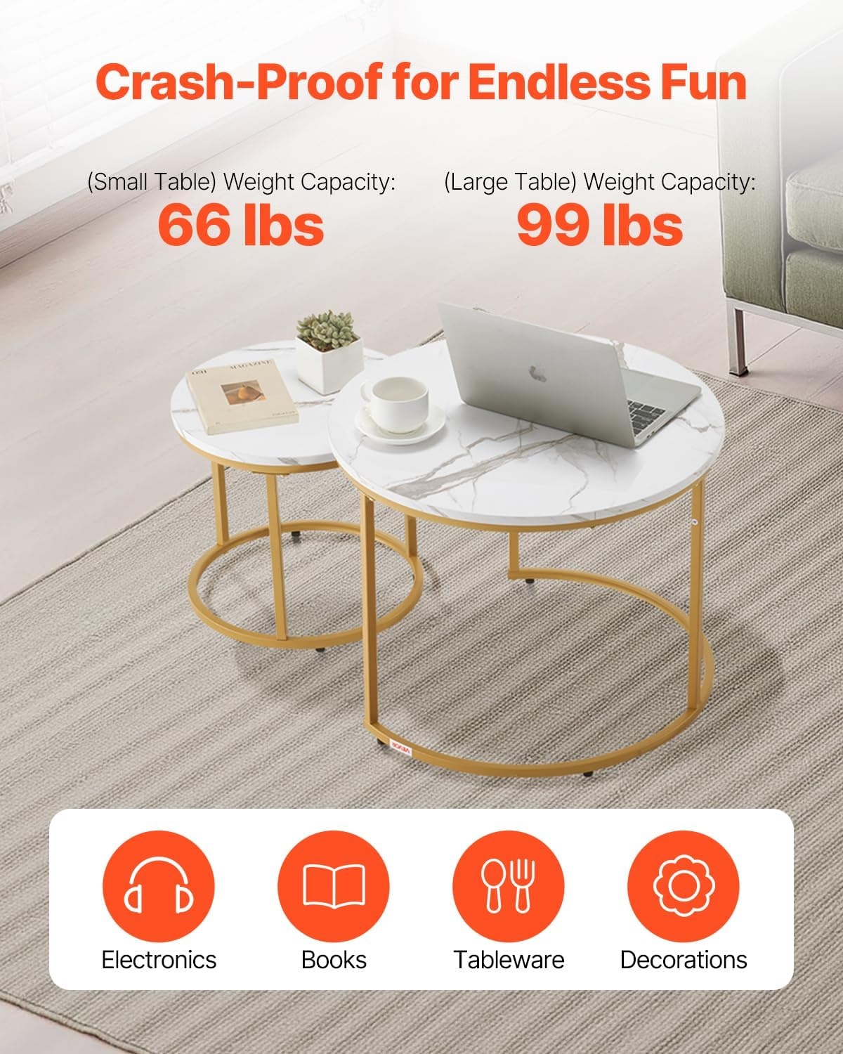 image:imageVEVOR Nesting Coffee Table Set of 2 276 in Round Coffee Table Nesting Tables for Small Place Vintage End Side Tables Night Stand with Metal Frame for Living Room Bedroom Office White amp GoldWhite