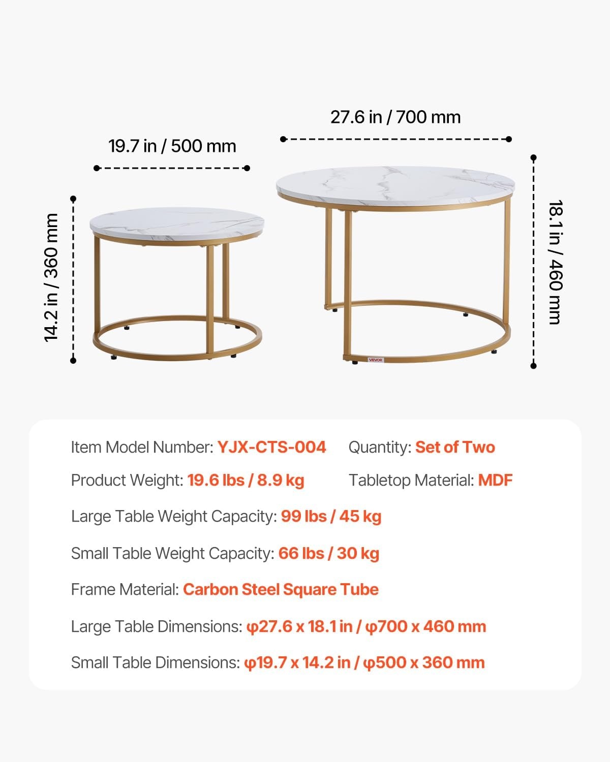image:imageVEVOR Nesting Coffee Table Set of 2 276 in Round Coffee Table Nesting Tables for Small Place Vintage End Side Tables Night Stand with Metal Frame for Living Room Bedroom Office White amp GoldWhite