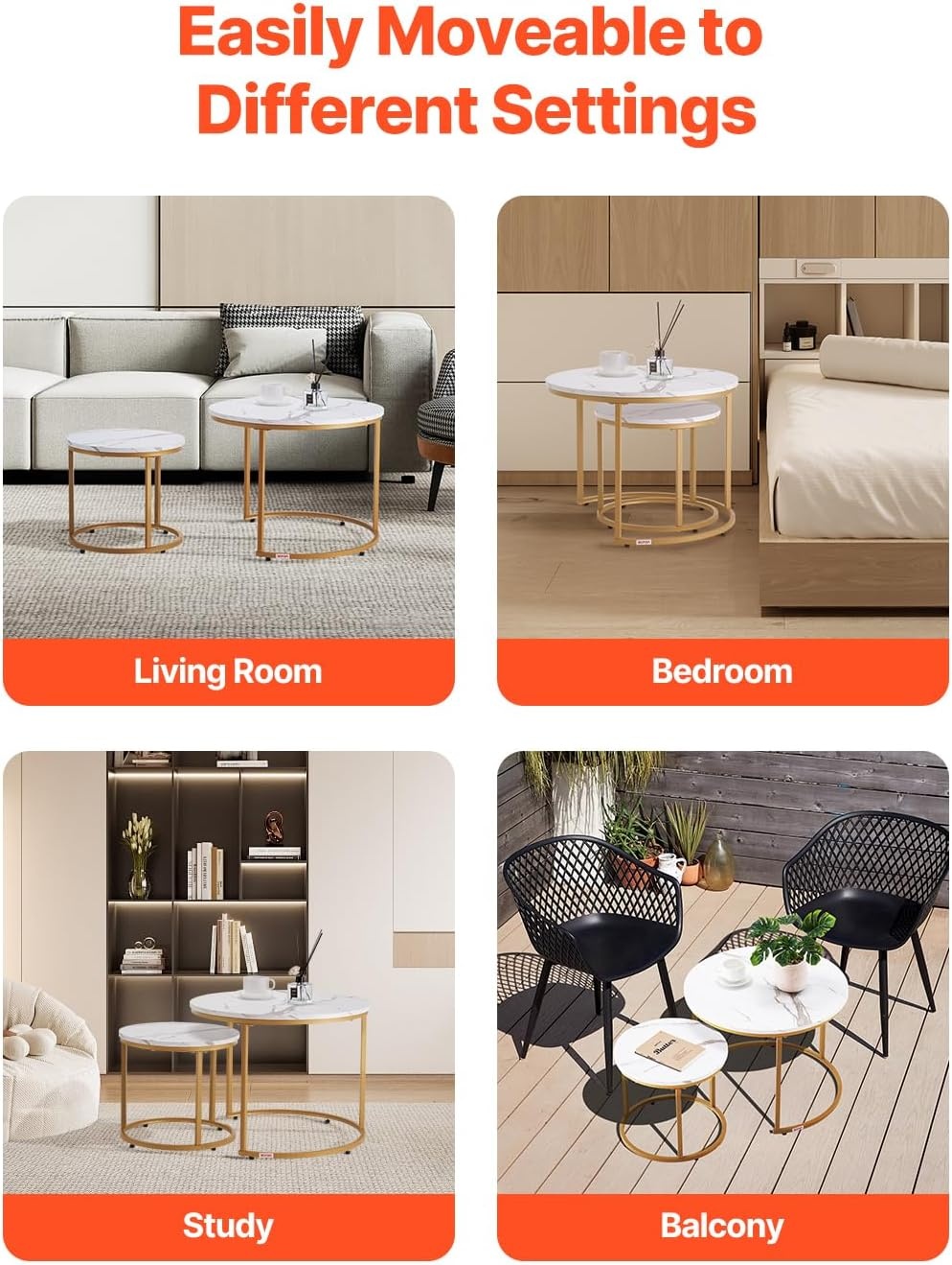 image:imageVEVOR Nesting Coffee Table Set of 2 276 in Round Coffee Table Nesting Tables for Small Place Vintage End Side Tables Night Stand with Metal Frame for Living Room Bedroom Office White amp GoldWhite
