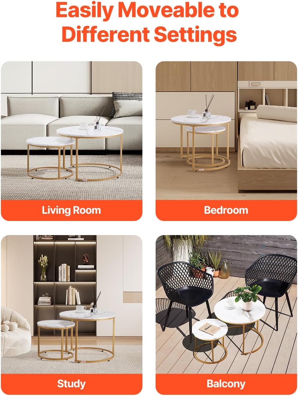 image:imageVEVOR Nesting Coffee Table Set of 2 276 in Round Coffee Table Nesting Tables for Small Place Vintage End Side Tables Night Stand with Metal Frame for Living Room Bedroom Office White amp GoldWhite