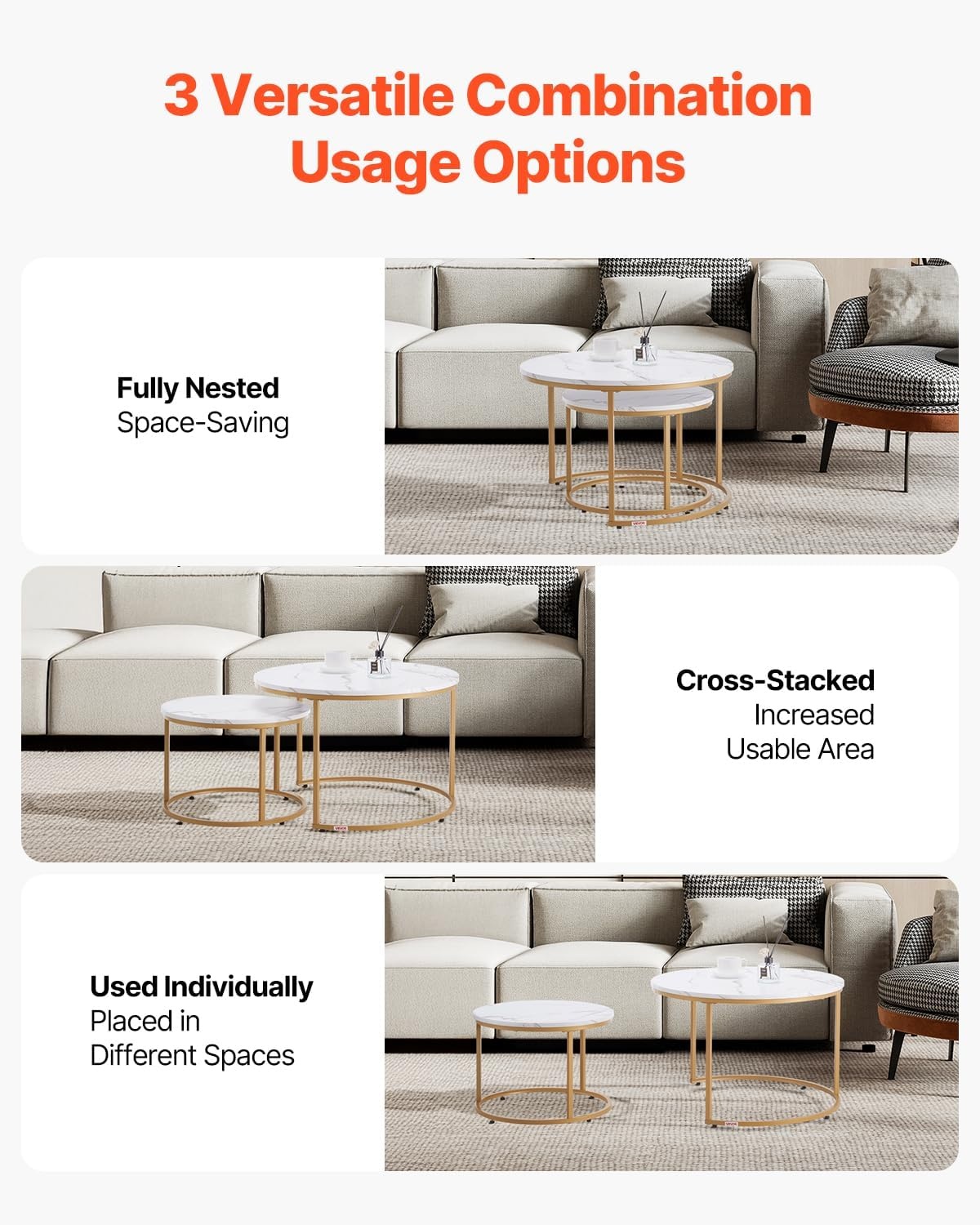 image:imageVEVOR Nesting Coffee Table Set of 2 276 in Round Coffee Table Nesting Tables for Small Place Vintage End Side Tables Night Stand with Metal Frame for Living Room Bedroom Office White amp GoldWhite
