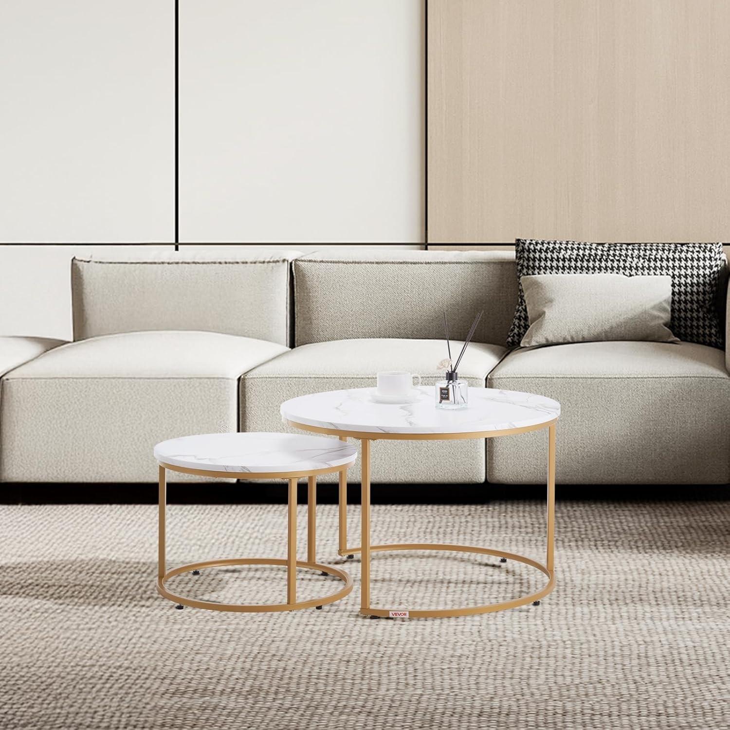 image:imageVEVOR Nesting Coffee Table Set of 2 276 in Round Coffee Table Nesting Tables for Small Place Vintage End Side Tables Night Stand with Metal Frame for Living Room Bedroom Office White amp GoldWhite