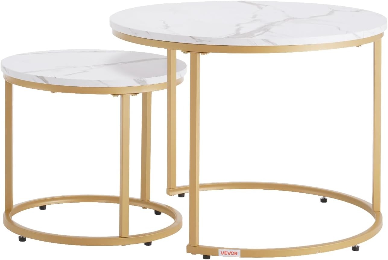 image:imageVEVOR Nesting Coffee Table Set of 2 276 in Round Coffee Table Nesting Tables for Small Place Vintage End Side Tables Night Stand with Metal Frame for Living Room Bedroom Office White amp GoldWhite