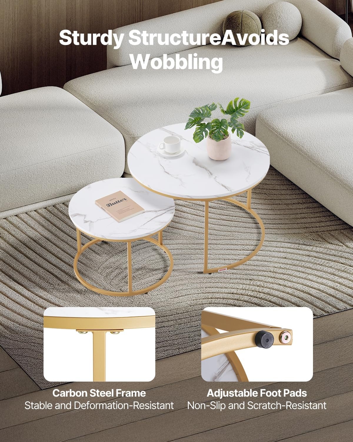 image:imageVEVOR Nesting Coffee Table Set of 2 276 in Round Coffee Table Nesting Tables for Small Place Vintage End Side Tables Night Stand with Metal Frame for Living Room Bedroom Office White amp GoldWhite