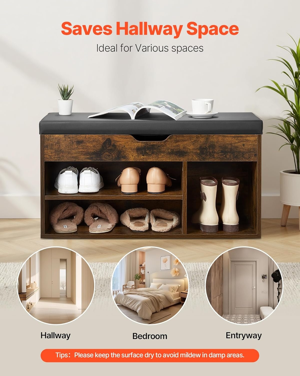 image:imageVEVOR Rattan Shoe Storage Bench Entryway Bench with 2 Flip Drawers Holds up to 300 lbs with 4 Compartments and 2 Rattan Doors 394 x 118 x 209 Inches for Hallway Living Room BedroomHidden storage