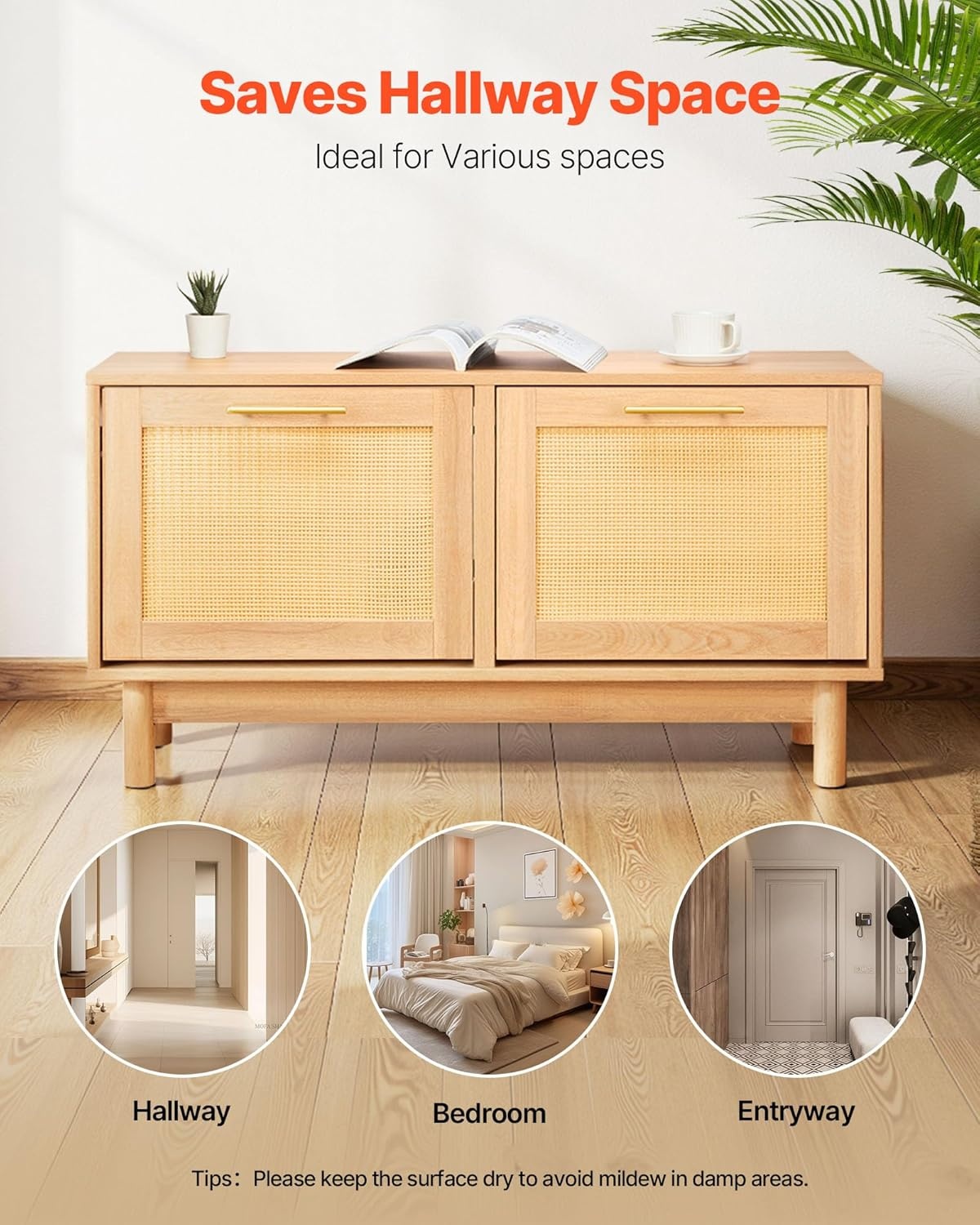 image:imageVEVOR Rattan Shoe Storage Bench Entryway Bench with 2 Flip Drawers Holds up to 300 lbs with 4 Compartments and 2 Rattan Doors 394 x 118 x 209 Inches for Hallway Living Room Bedroom2 Rattan Doors