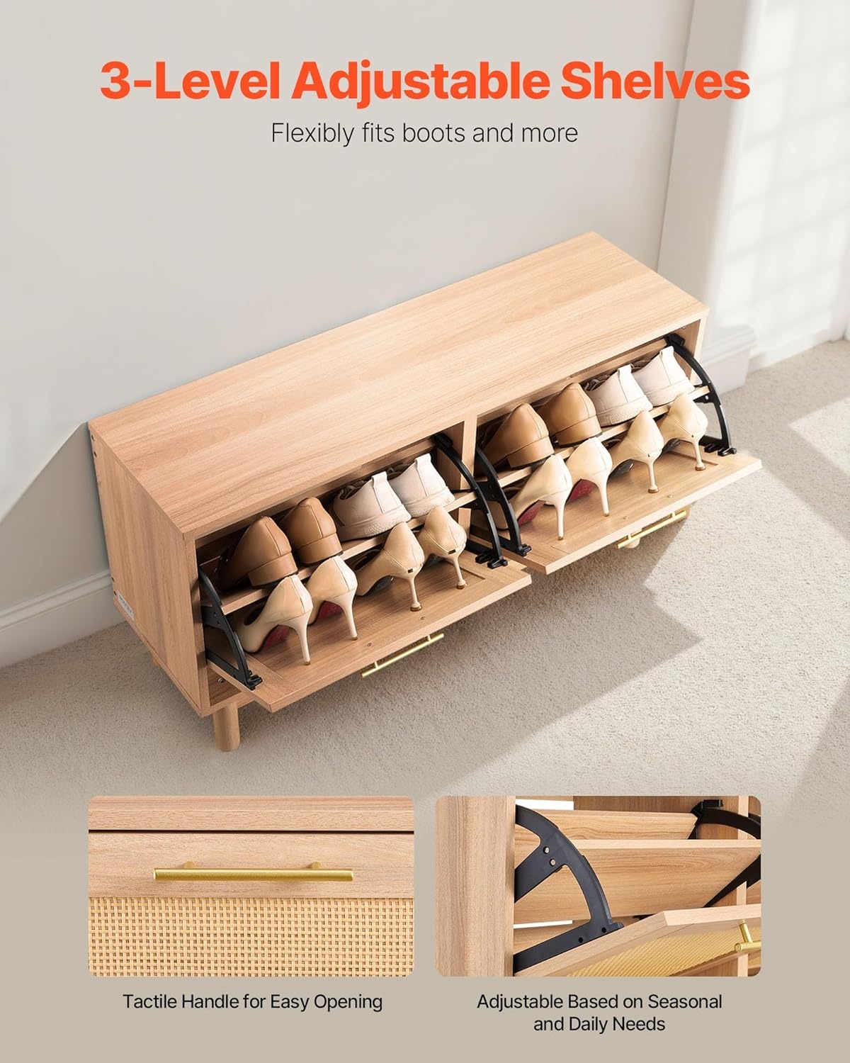 image:imageVEVOR Rattan Shoe Storage Bench Entryway Bench with 2 Flip Drawers Holds up to 300 lbs with 4 Compartments and 2 Rattan Doors 394 x 118 x 209 Inches for Hallway Living Room Bedroom2 Rattan Doors