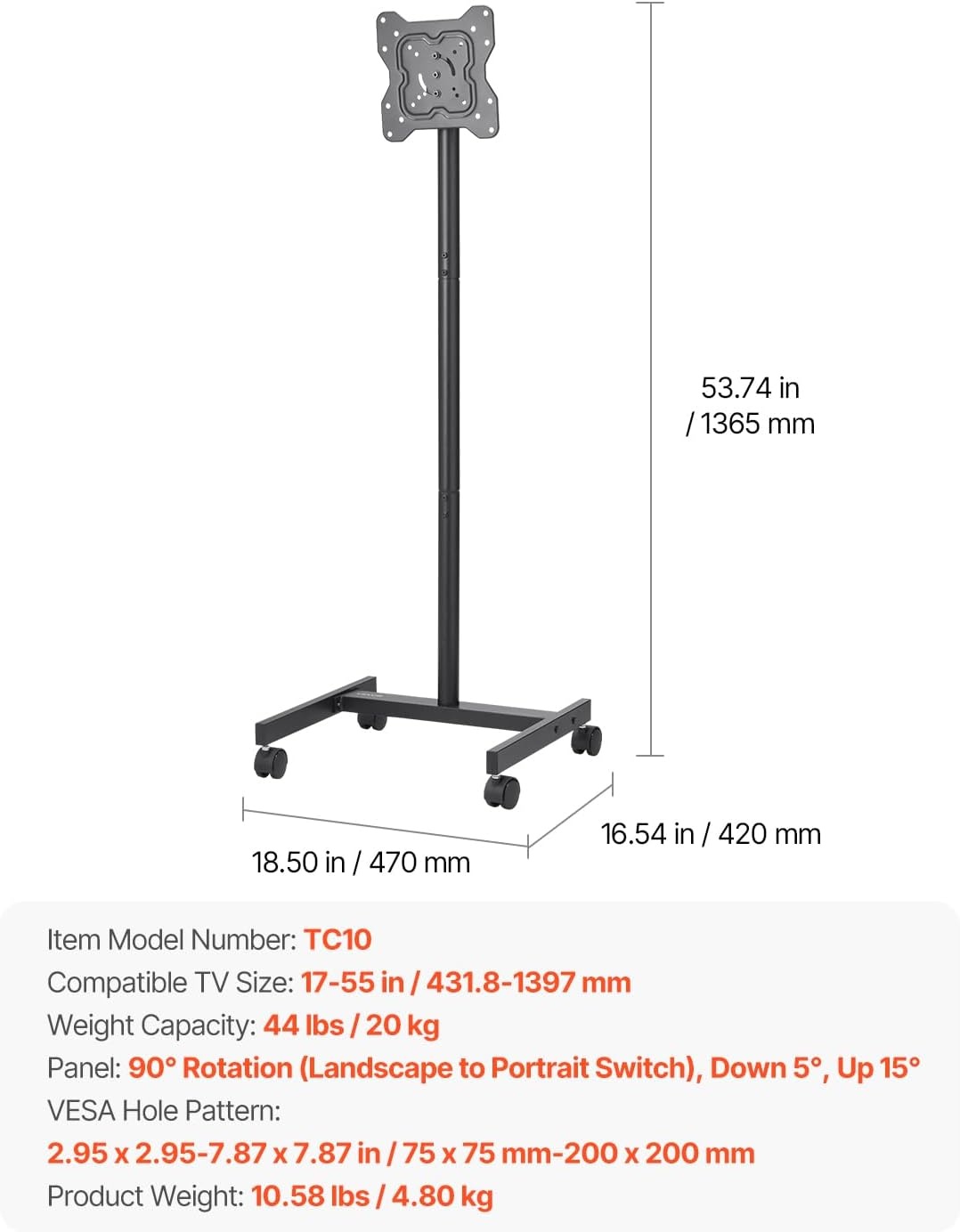 image:imageVEVOR Rolling TV Stand Mobile TV Cart for 3265 Inch Screens Height Adjustable Portable Monitor Stand with Wheels Holds up to 88 lbs for Living Room Bedroom Office Outdoor Max VESA 400x400mm1755