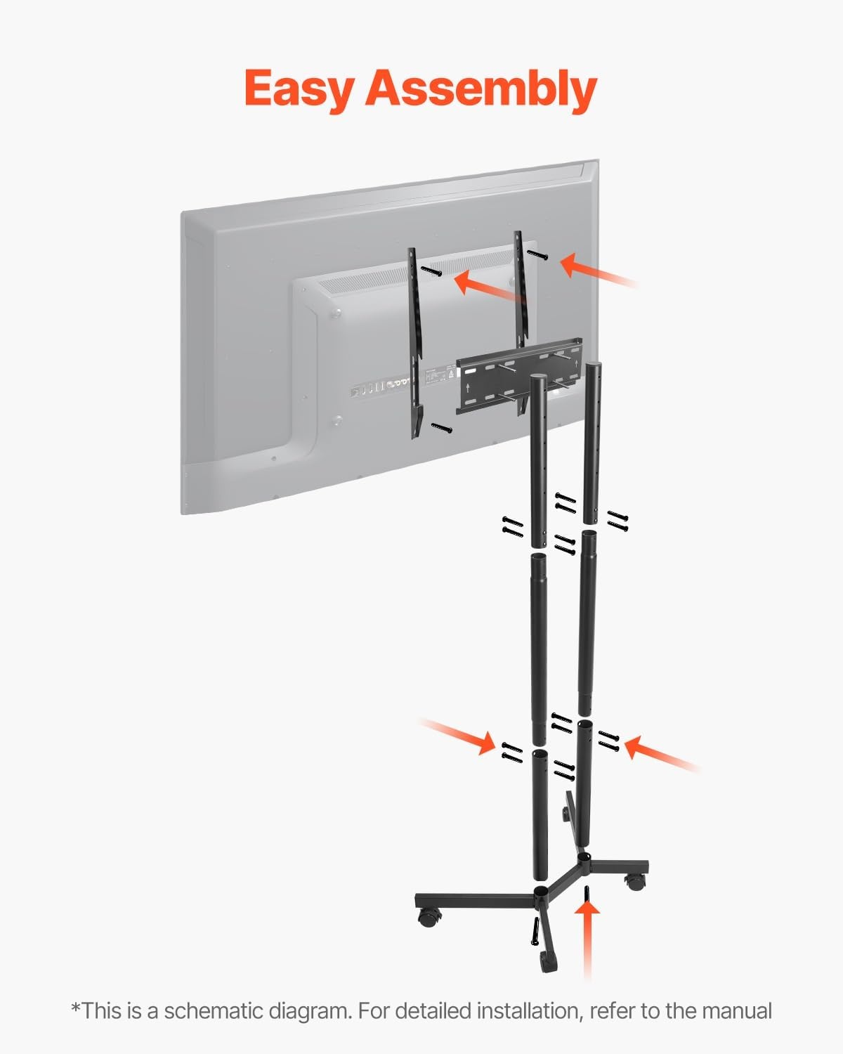 image:imageVEVOR Rolling TV Stand Mobile TV Cart for 3265 Inch Screens Height Adjustable Portable Monitor Stand with Wheels Holds up to 88 lbs for Living Room Bedroom Office Outdoor Max VESA 400x400mm3265