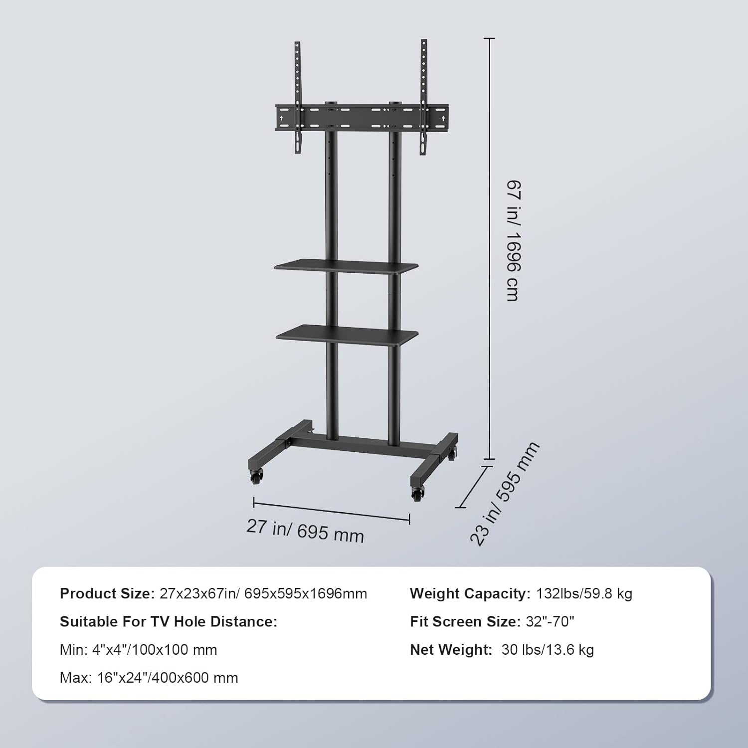 image:imageVEVOR Rolling TV Stand Mobile TV Cart for 3265 Inch Screens Height Adjustable Portable Monitor Stand with Wheels Holds up to 88 lbs for Living Room Bedroom Office Outdoor Max VESA 400x400mm3270