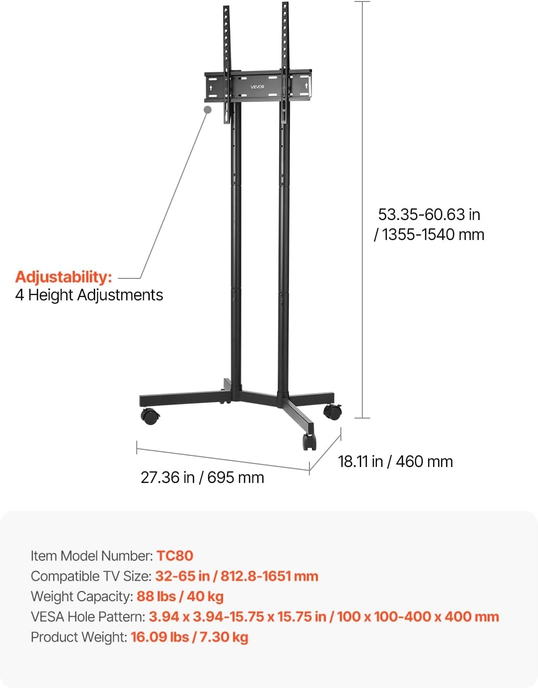 image:imageVEVOR Rolling TV Stand Mobile TV Cart for 3265 Inch Screens Height Adjustable Portable Monitor Stand with Wheels Holds up to 88 lbs for Living Room Bedroom Office Outdoor Max VESA 400x400mm3265