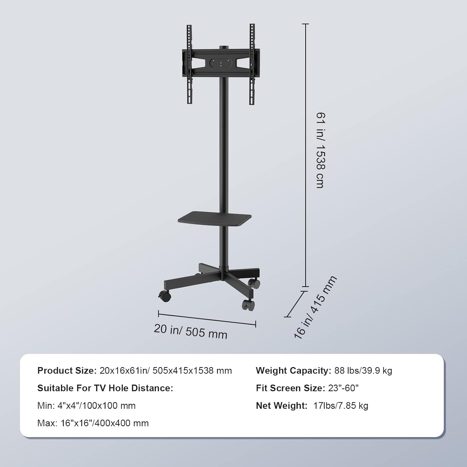 image:imageVEVOR Rolling TV Stand Mobile TV Cart for 3265 Inch Screens Height Adjustable Portable Monitor Stand with Wheels Holds up to 88 lbs for Living Room Bedroom Office Outdoor Max VESA 400x400mm23 60