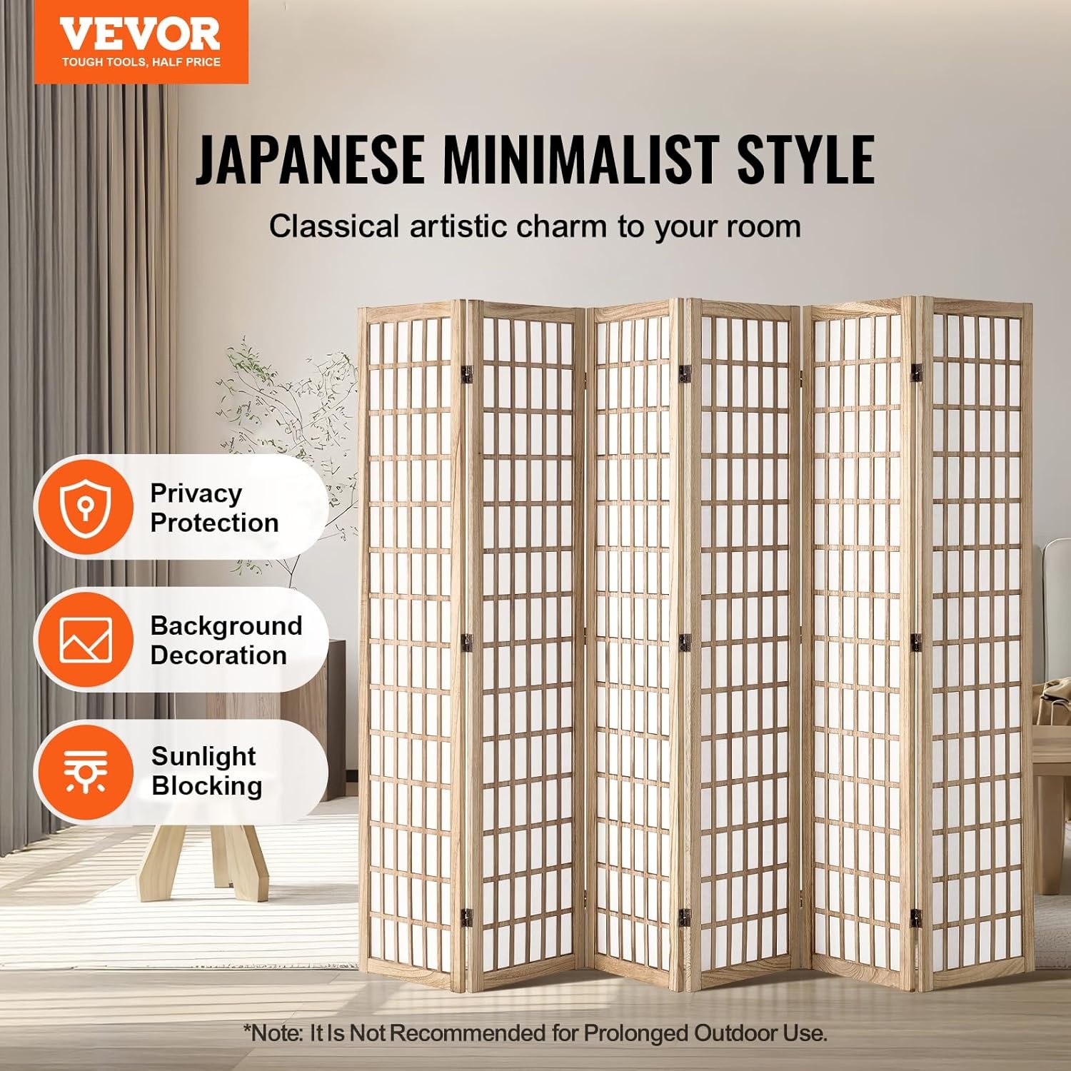 image:imageVEVOR Room Divider 6 Panel Japanese Room Divider Folding Privacy Screen Indoor Portable Partition Dividers and Decoration Screens for Room Separation Home Office Restaurant amp Bedroom BlackNatural