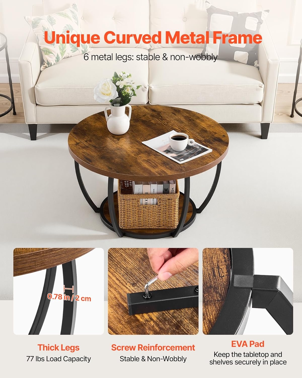 image:imageVEVOR Round Coffee Table Modern Coffee Table 2 Tiers Wooden Circle Center Desk with Open Storage Minimalist Sturdy Metal Frame Accent End Desk for Living Room Office Easy Assembly Rustic BrownNatural