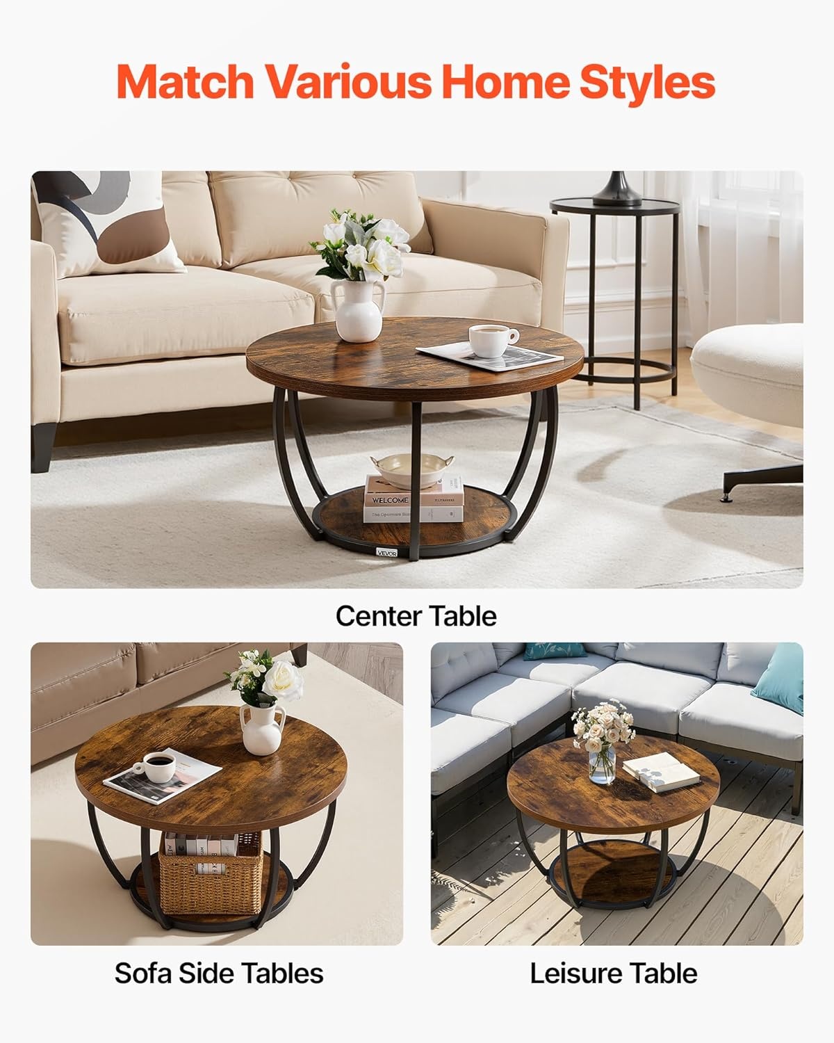 image:imageVEVOR Round Coffee Table Modern Coffee Table 2 Tiers Wooden Circle Center Desk with Open Storage Minimalist Sturdy Metal Frame Accent End Desk for Living Room Office Easy Assembly Rustic BrownNatural