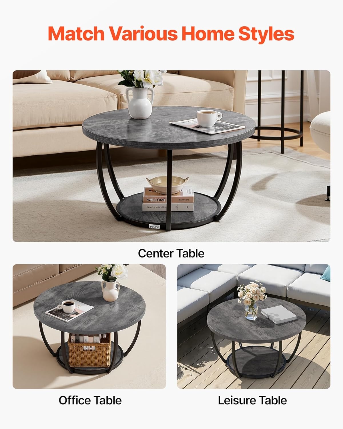image:imageVEVOR Round Coffee Table Modern Coffee Table 2 Tiers Wooden Circle Center Desk with Open Storage Minimalist Sturdy Metal Frame Accent End Desk for Living Room Office Easy Assembly Rustic BrownGrey