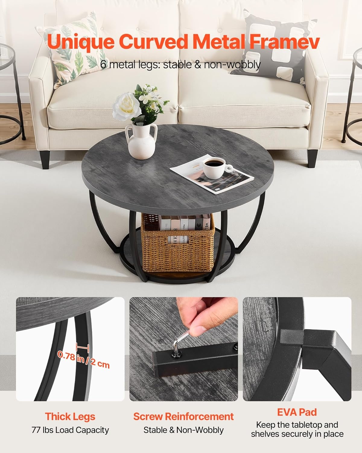 image:imageVEVOR Round Coffee Table Modern Coffee Table 2 Tiers Wooden Circle Center Desk with Open Storage Minimalist Sturdy Metal Frame Accent End Desk for Living Room Office Easy Assembly Rustic BrownGrey