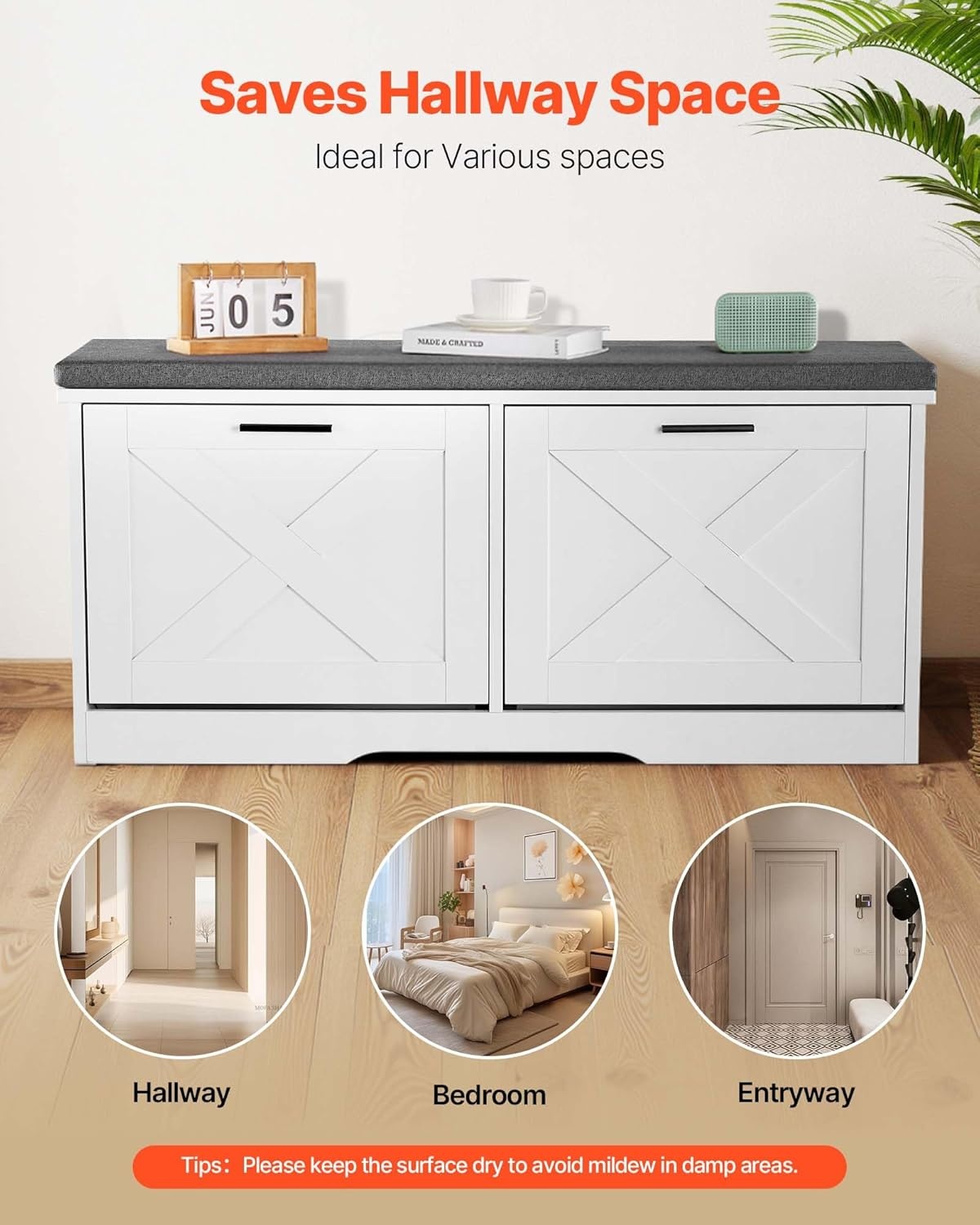 image:imageVEVOR Shoe Storage Bench with 2 Flip Drawers amp Padded Cushion Entryway Bench with Adjustable Shelves Holds up to 440 lbs 394 x 120 x 187 Inches for Entryway Hallway Living Room Bedroom