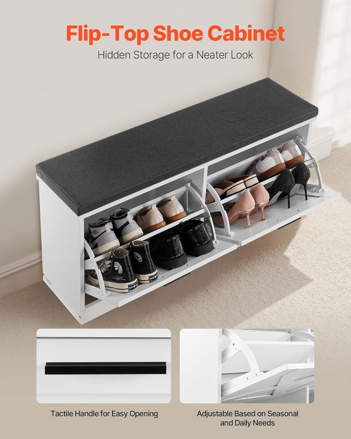 image:imageVEVOR Shoe Storage Bench with 2 Flip Drawers amp Padded Cushion Entryway Bench with Adjustable Shelves Holds up to 440 lbs 394 x 120 x 187 Inches for Entryway Hallway Living Room Bedroom