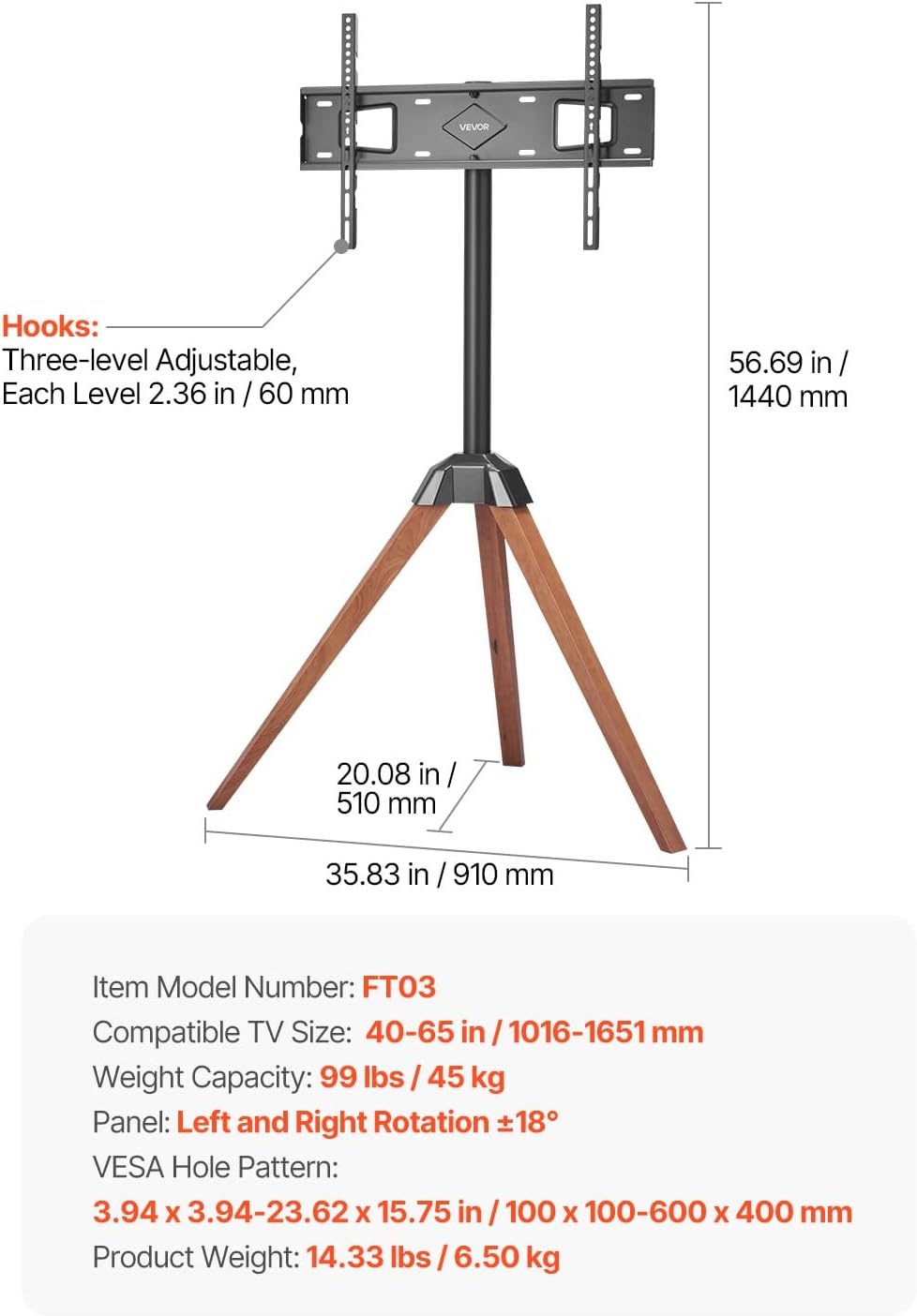 image:imageVEVOR Tripod Easel TV Stand for 4065 inch Flat ScreenCurved TVs Up to 99 lbs 18 LeftRight Rotation Portable TV Stand with Oak Wood Legs for Bedroom Living Room Studio MAX VESA 600 x 400 mmTripod