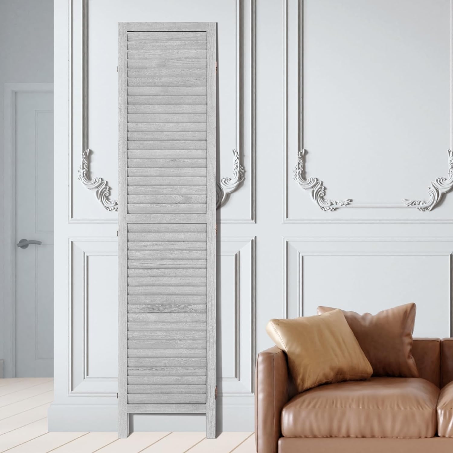 image:imageVEVOR Wood Room Divider 6 Panel Wood Folding Privacy Screen 669 Inches Tall Indoor Louvered Wooden Partition Portable Decoration Screen for Room Separation Home Office Restaurant amp BedroomLight Grey