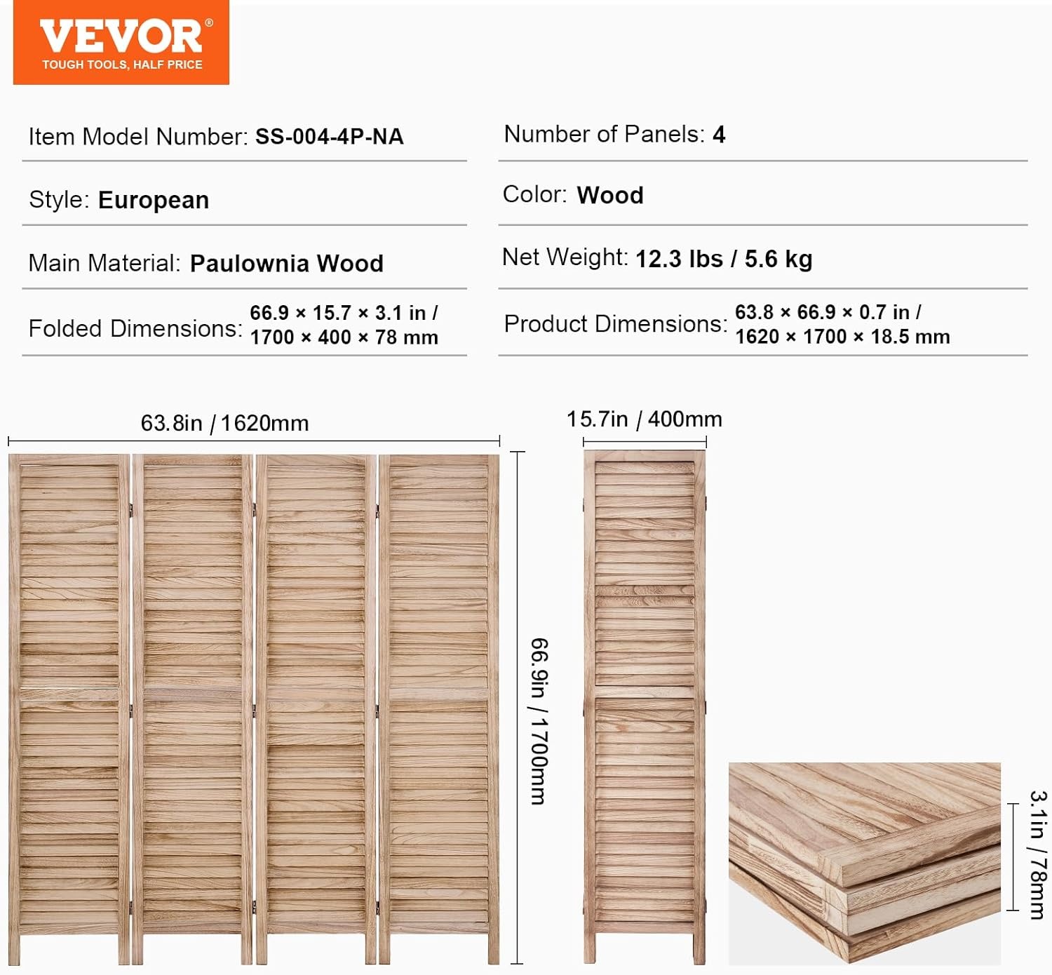 image:imageVEVOR Wood Room Divider 6 Panel Wood Folding Privacy Screen 669 Inches Tall Indoor Louvered Wooden Partition Portable Decoration Screen for Room Separation Home Office Restaurant amp BedroomNatural
