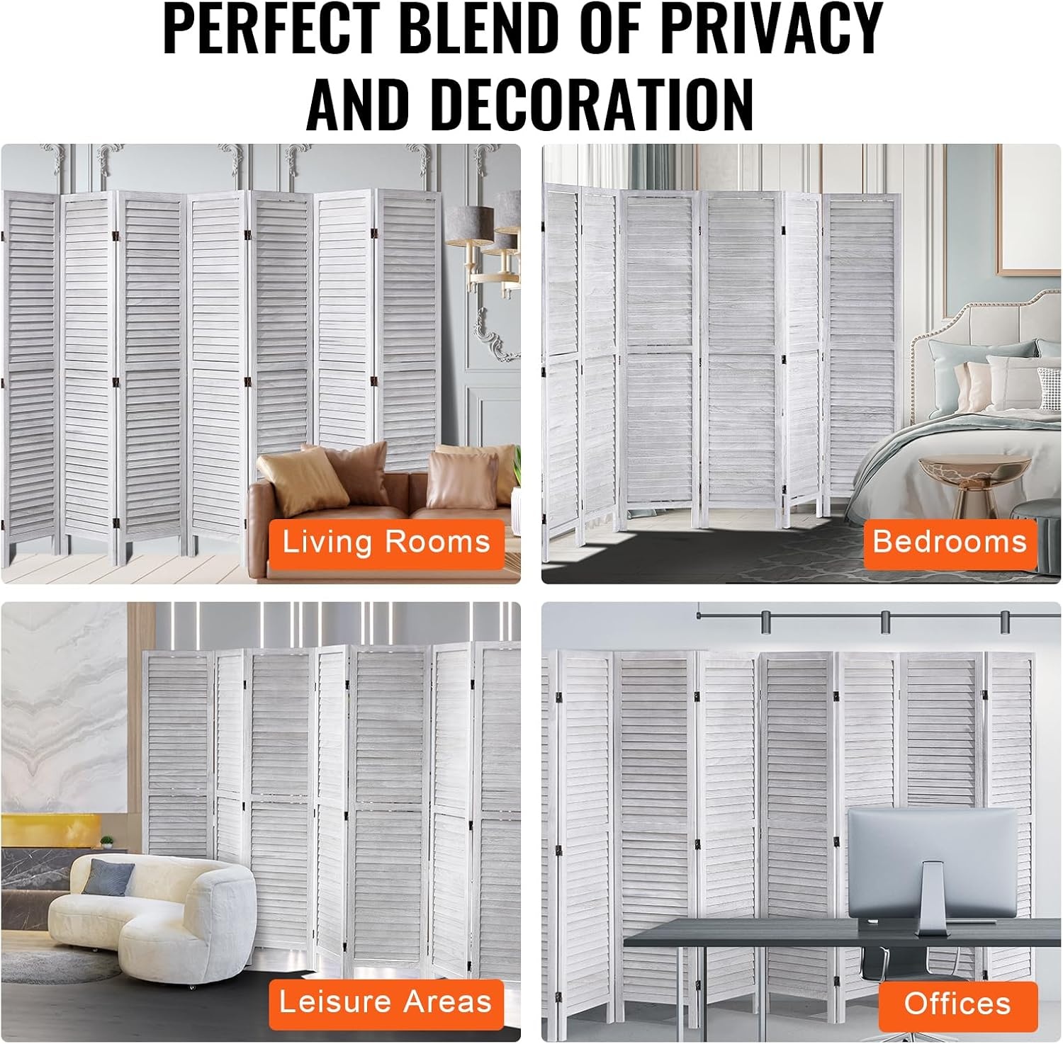 image:imageVEVOR Wood Room Divider 6 Panel Wood Folding Privacy Screen 669 Inches Tall Indoor Louvered Wooden Partition Portable Decoration Screen for Room Separation Home Office Restaurant amp BedroomLight Grey