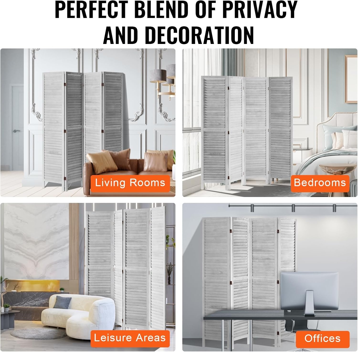 image:imageVEVOR Wood Room Divider 6 Panel Wood Folding Privacy Screen 669 Inches Tall Indoor Louvered Wooden Partition Portable Decoration Screen for Room Separation Home Office Restaurant amp BedroomLight Grey