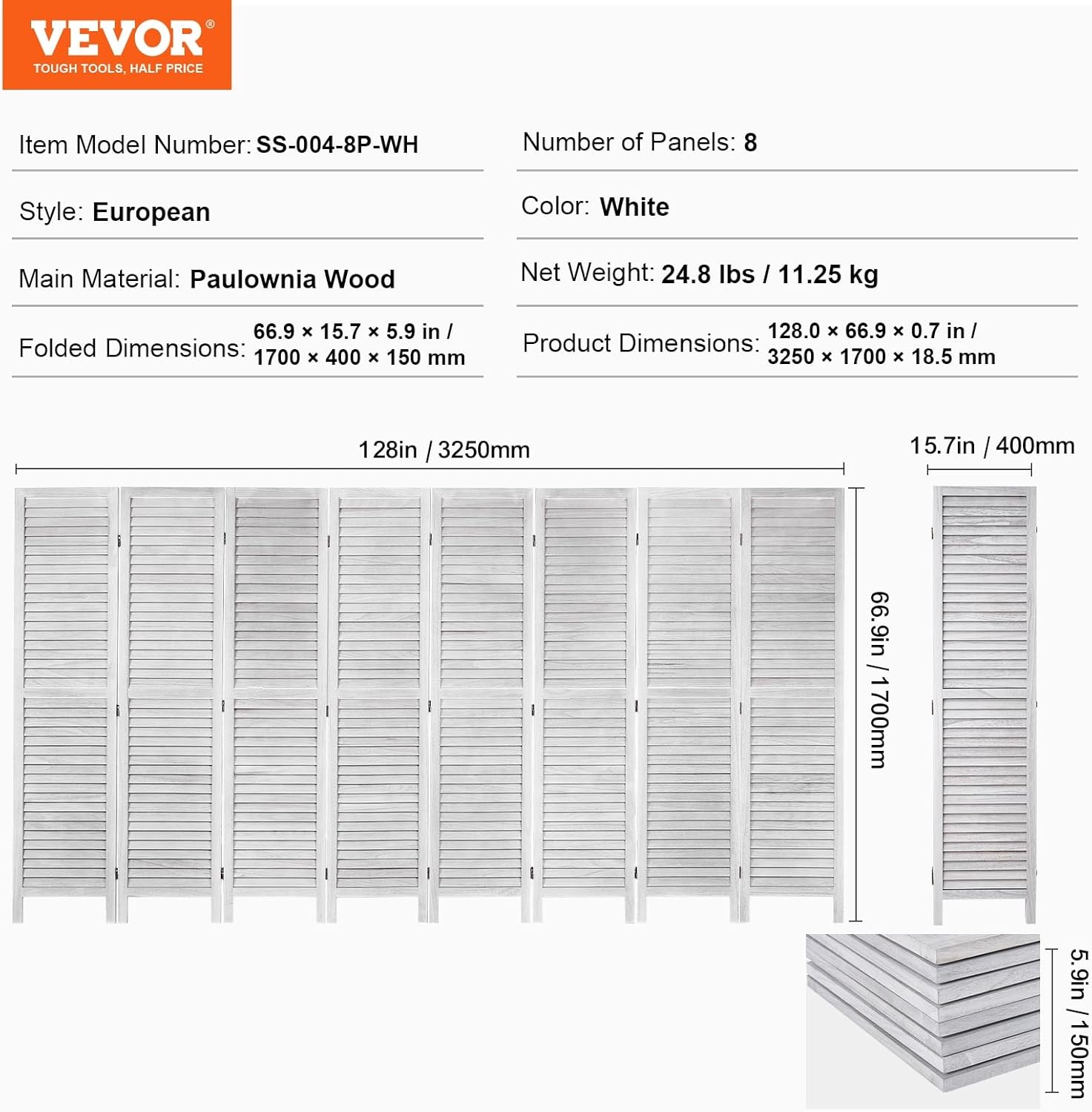 image:imageVEVOR Wood Room Divider 6 Panel Wood Folding Privacy Screen 669 Inches Tall Indoor Louvered Wooden Partition Portable Decoration Screen for Room Separation Home Office Restaurant amp BedroomLight Grey