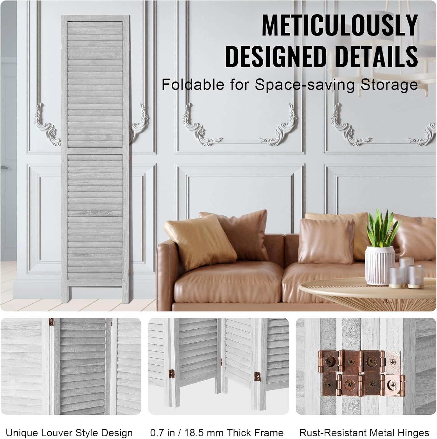 image:imageVEVOR Wood Room Divider 6 Panel Wood Folding Privacy Screen 669 Inches Tall Indoor Louvered Wooden Partition Portable Decoration Screen for Room Separation Home Office Restaurant amp BedroomLight Grey
