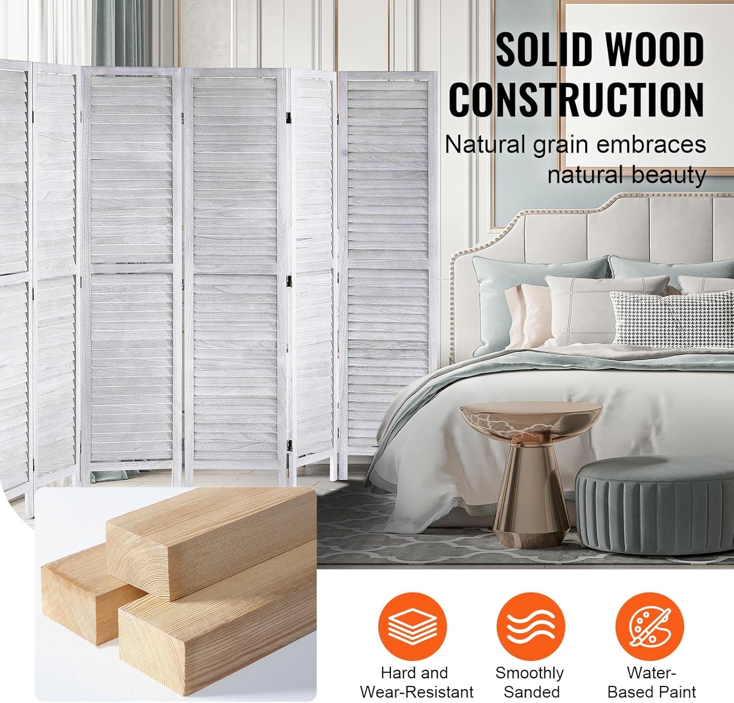 image:imageVEVOR Wood Room Divider 6 Panel Wood Folding Privacy Screen 669 Inches Tall Indoor Louvered Wooden Partition Portable Decoration Screen for Room Separation Home Office Restaurant amp BedroomLight Grey