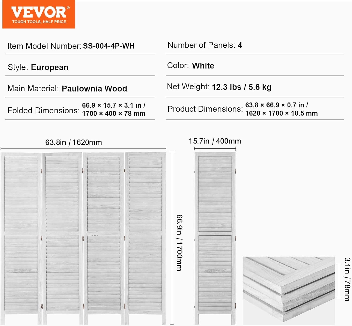 image:imageVEVOR Wood Room Divider 6 Panel Wood Folding Privacy Screen 669 Inches Tall Indoor Louvered Wooden Partition Portable Decoration Screen for Room Separation Home Office Restaurant amp BedroomLight Grey