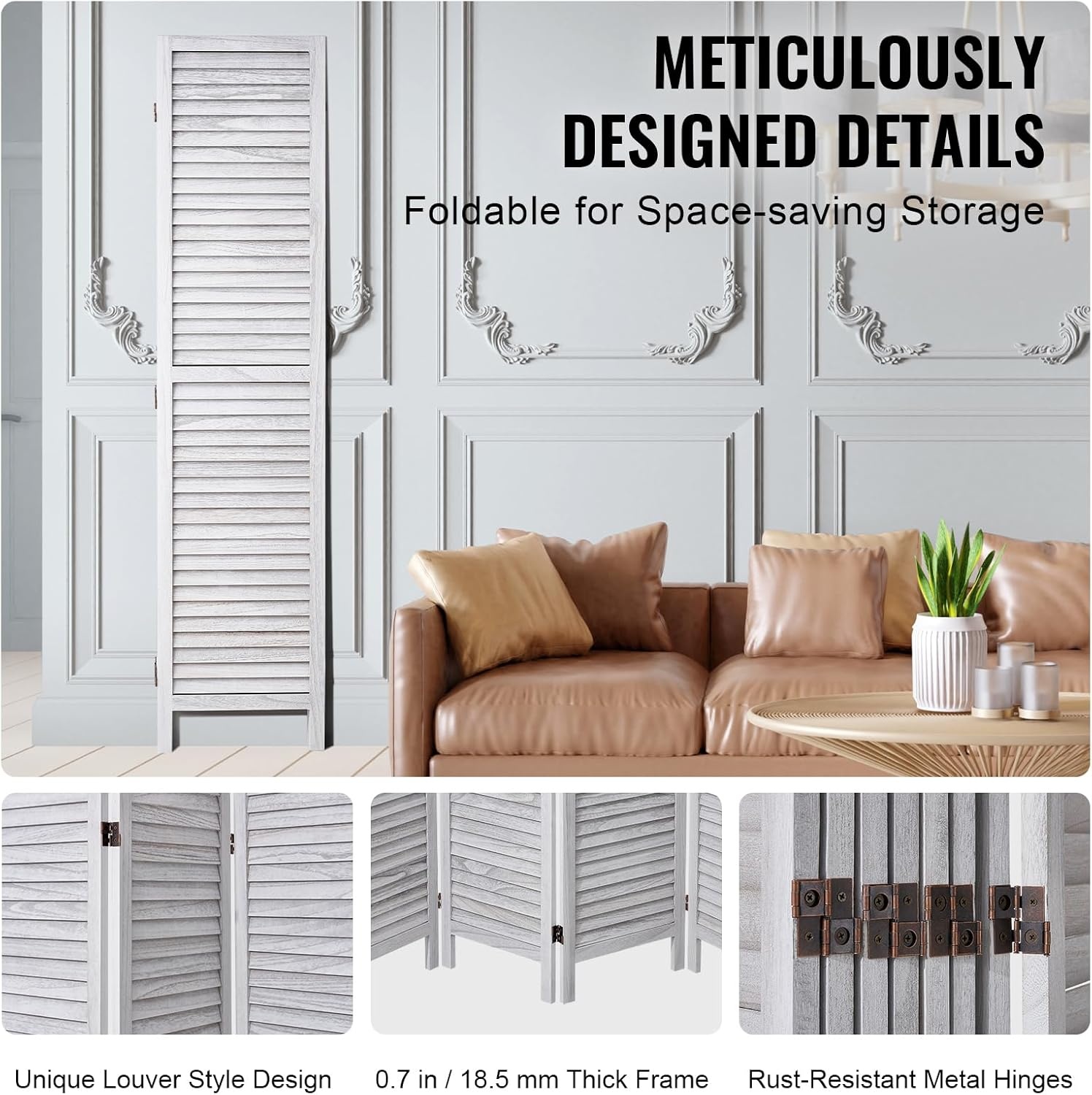 image:imageVEVOR Wood Room Divider 6 Panel Wood Folding Privacy Screen 669 Inches Tall Indoor Louvered Wooden Partition Portable Decoration Screen for Room Separation Home Office Restaurant amp BedroomLight Grey