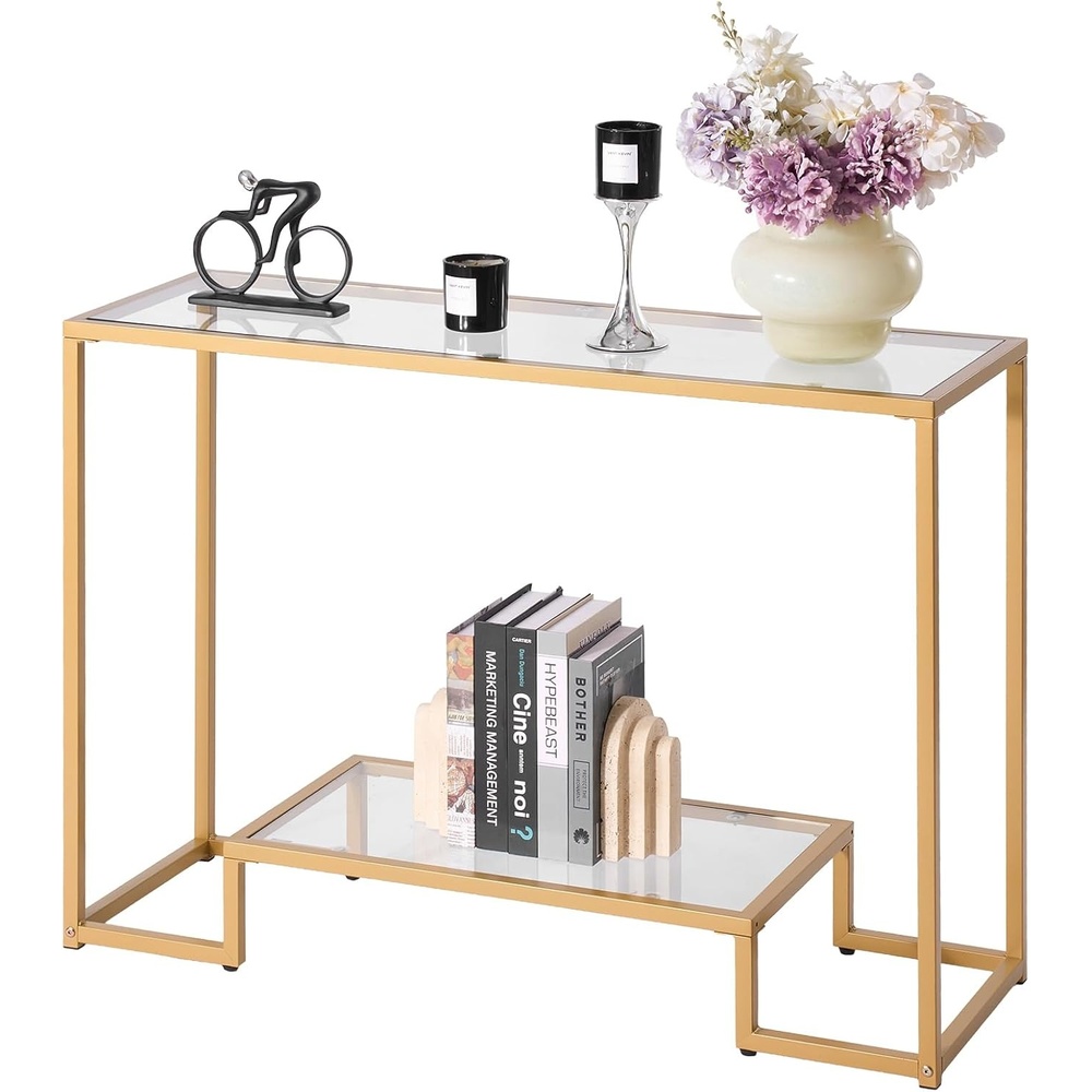 image:imageVEVOR 2Tier Glass Console Table Modern Rectangle Sofa Side Table with Tempered Glass Top and Iron Legs Golden Consloe Desk with AntiTip Device for Living Room Hallway Entryway Foyer GoldenGolden