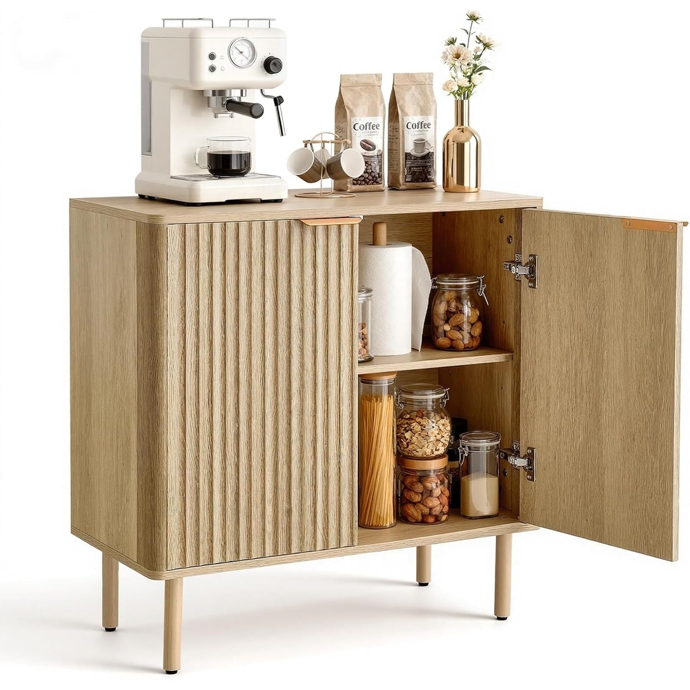 image:imageVEVOR Buffet Cabinet Sideboard Cabinet with 2Tier Storage Coffee Bar Cabinet with Adjustable Shelves Fluted Sideboard Buffet for Hallway Entryway Living Room or Kitchen Oak2pcsOak