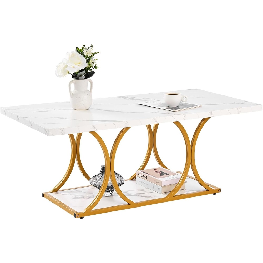 image:imageVEVOR Coffee Table Modern Faux Marble Coffee Table 2Tier Rectangle Center Desk with Geometric Legs Minimalist Sturdy Metal Frame Accent End Desk for Living Room Office Easy Assembly White472 Inch