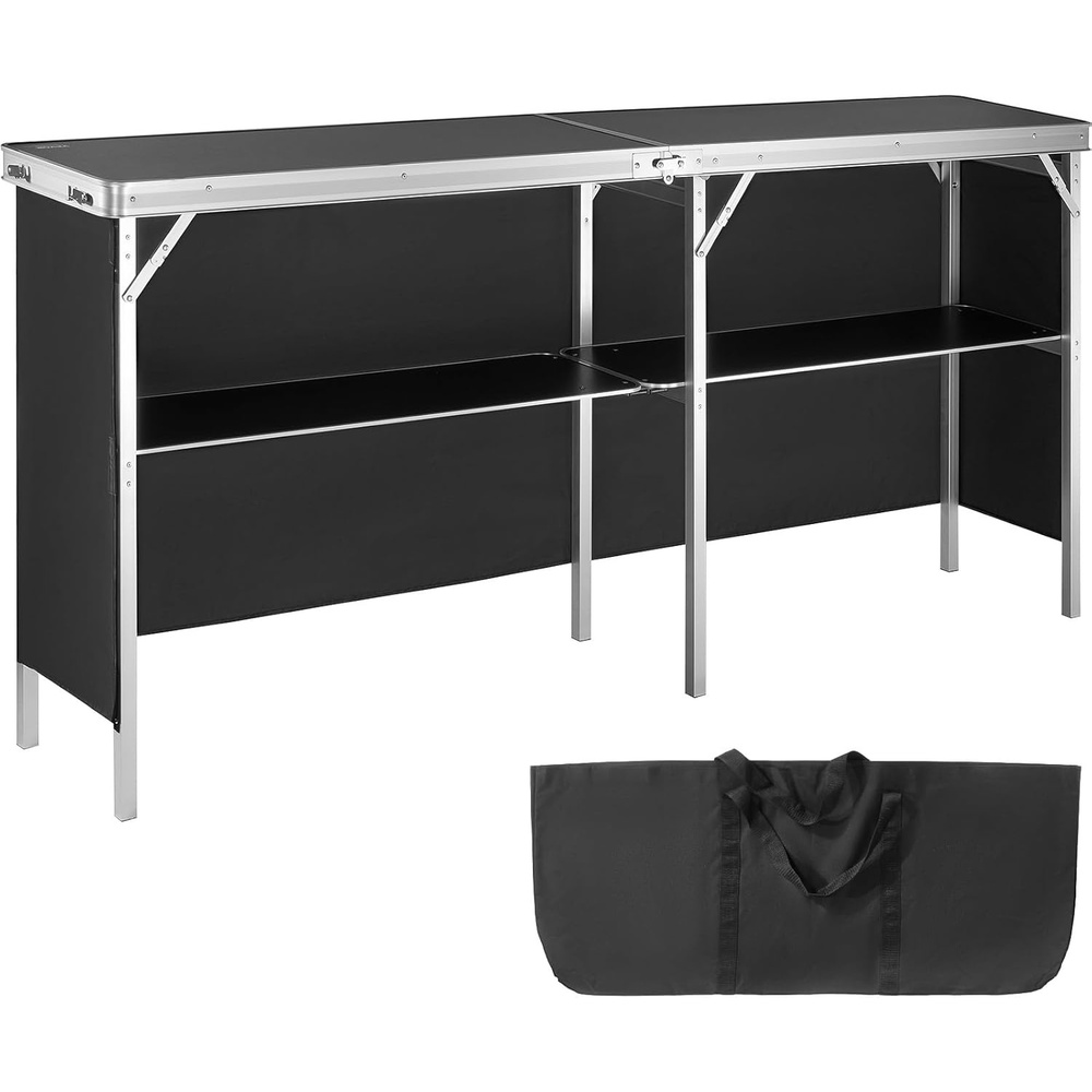 image:imageVEVOR Extra Long Folding Portable Bar Tradeshow Podium Table for Indoor Outdoor Party Picnic Exhibition Includes Carrying Case Storage Shelf and Black Skirt 7795 x 1516 x 34657795 INCH