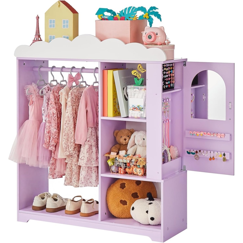 image:imageVEVOR Kids Dress Up Storage with Jewelry Cabinet Dress Up Closet with Mirror and Shelves Princess Costumes Wardrobe Closet Toddler Costume Organizer Armoire for Bedroom Kids Room Girls Purple