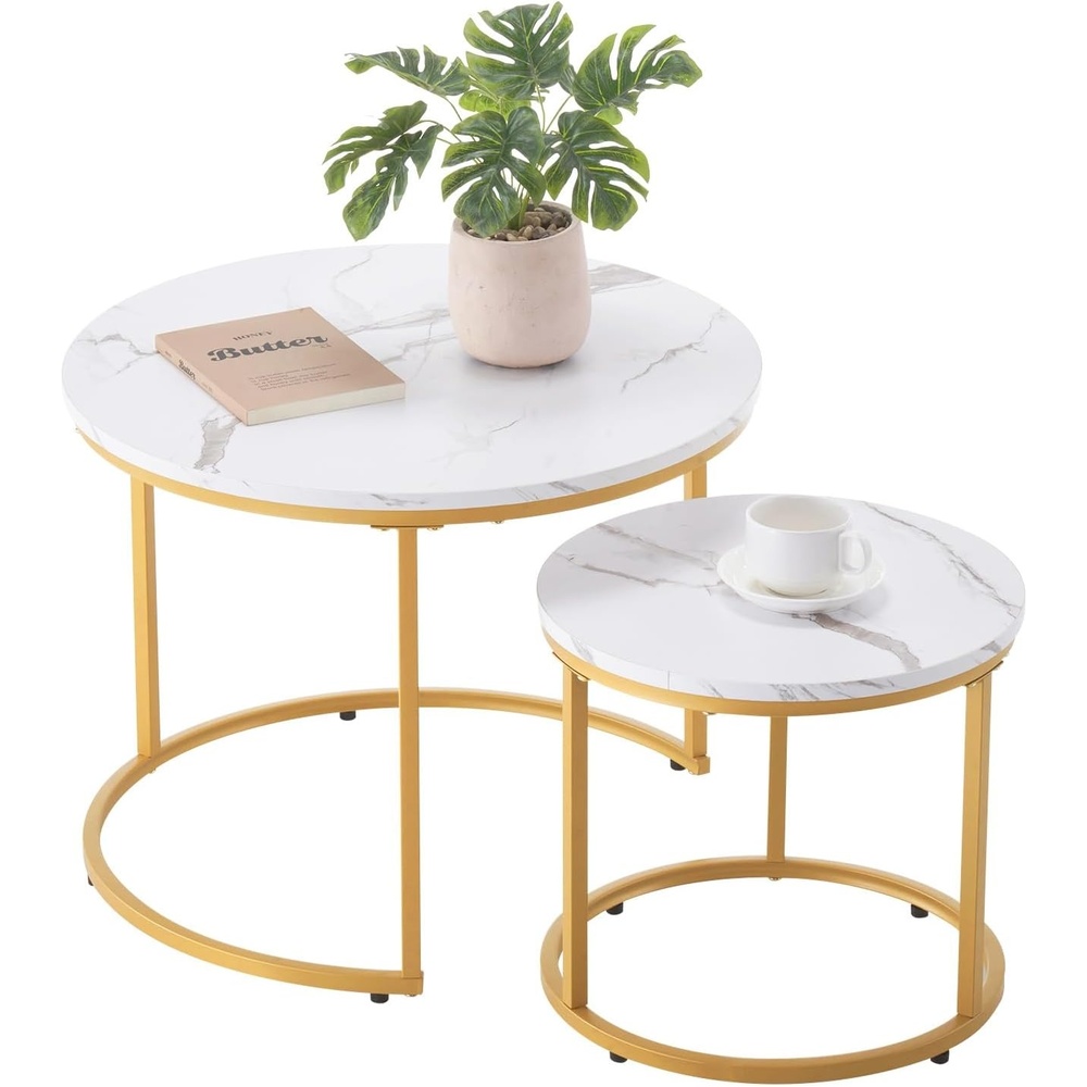 image:imageVEVOR Nesting Coffee Table Set of 2 276 in Round Coffee Table Nesting Tables for Small Place Vintage End Side Tables Night Stand with Metal Frame for Living Room Bedroom Office White amp GoldWhite