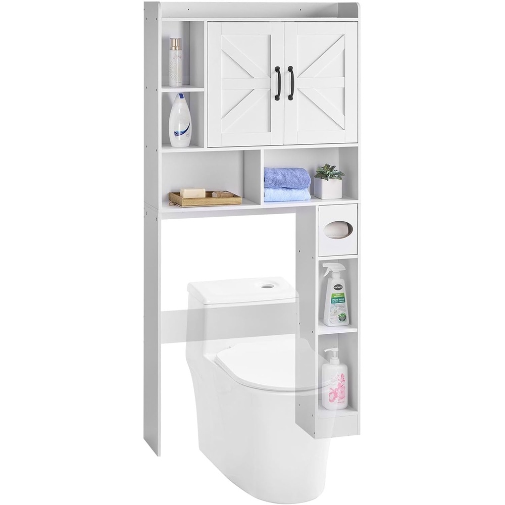 image:imageVEVOR Over The Toilet Storage Cabinet 6614 Height Bathroom Storage Cabinet Over Toilet with Barn Door and Adjustable Shelf Bathroom SpaceSaving Toilet Rack White Wood with Open Shelf4 top Shelves