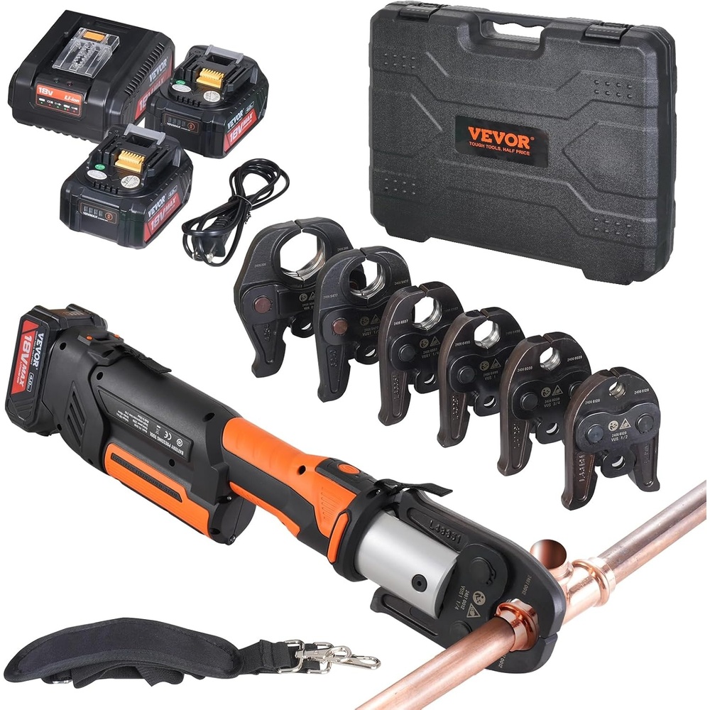 image:imageVEVOR Press Tool 18V Electric Pipe Crimping Tool for 12 34 1 Copper Pipes 24KN Press Tool Kit Compatible with ProPress  with 3 Press Jaws 2pcs 18V 2AH Battery Fast Charger amp Carrying CaseStandard Size