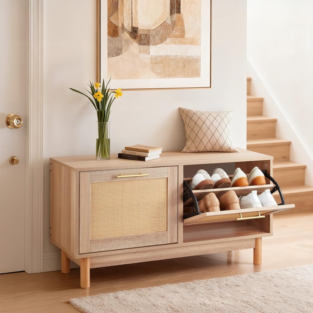 image:imageVEVOR Rattan Shoe Storage Bench Entryway Bench with 2 Flip Drawers Holds up to 300 lbs with 4 Compartments and 2 Rattan Doors 394 x 118 x 209 Inches for Hallway Living Room Bedroom2 Rattan Doors