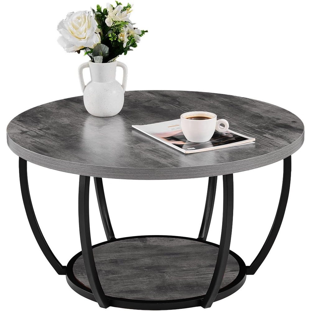 image:imageVEVOR Round Coffee Table Modern Coffee Table 2 Tiers Wooden Circle Center Desk with Open Storage Minimalist Sturdy Metal Frame Accent End Desk for Living Room Office Easy Assembly Rustic BrownGrey
